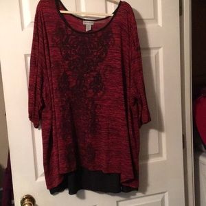 Red/pink scroll pattern tunic with sheer-ish back